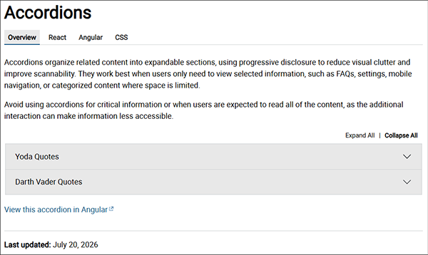 A screenshot of the overview page content for the accordion page.